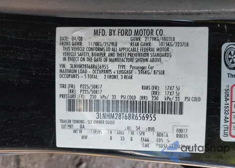 2008 Lincoln Mkz z USA, uszkodzony, nr VIN 3LNHM28T68R656955